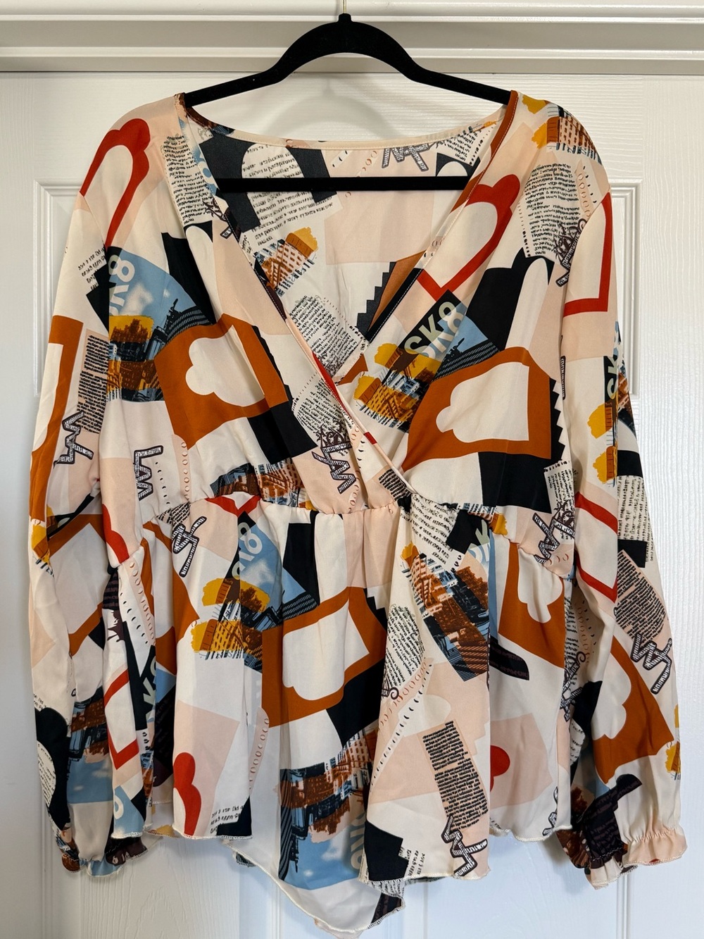 Abstract Print Surplice Peplum Blouse | Long Sleeve V-Neck Top